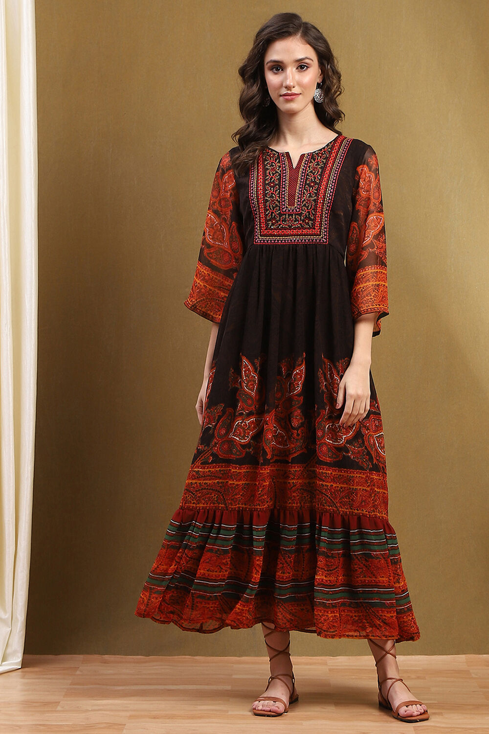 Chocolate Brown Georgette Printed Tiered Dress image number 5