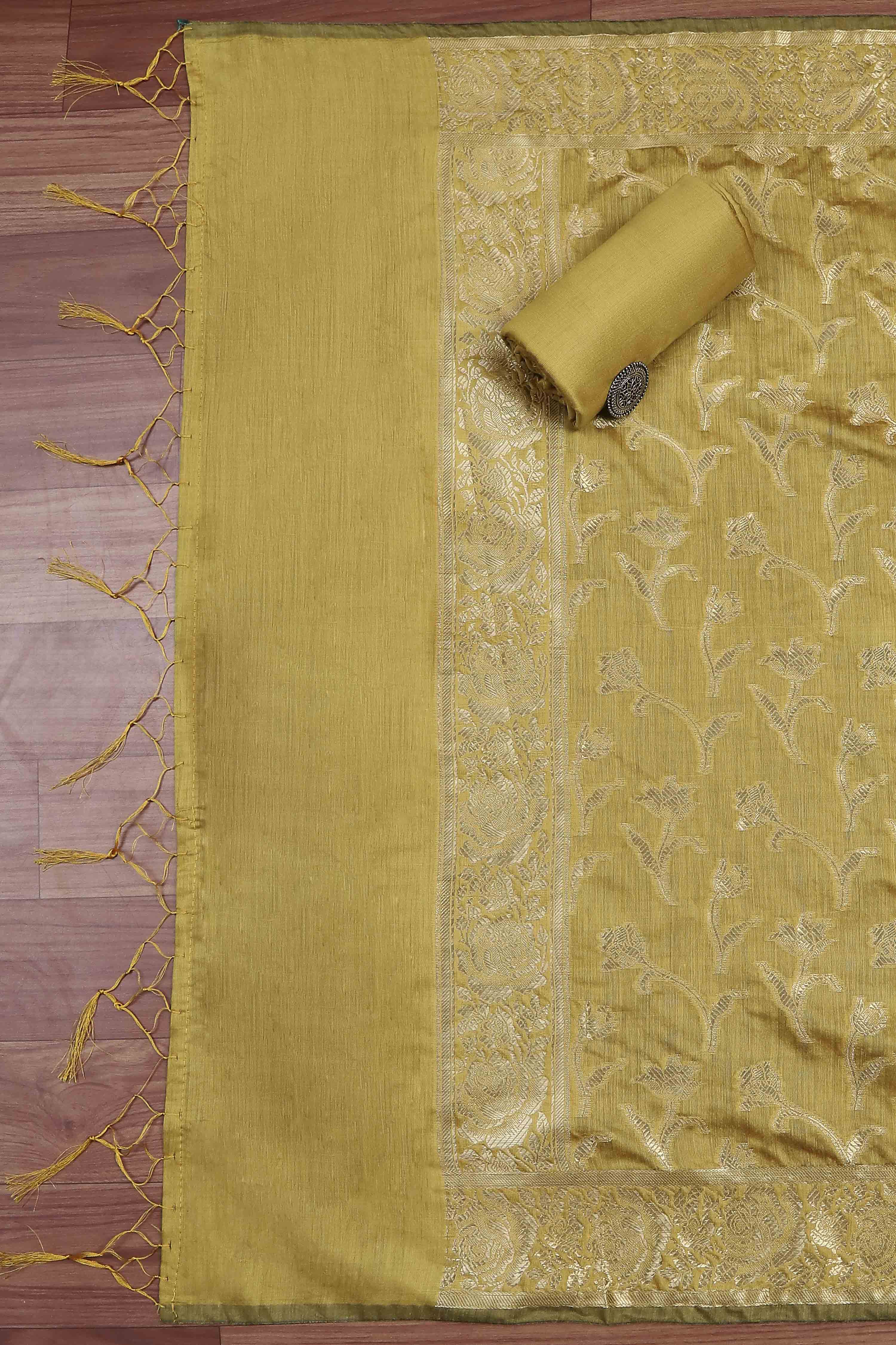 Yellow Banarasi Chanderi Banarasi Print Unstitched Suit Set image number 3