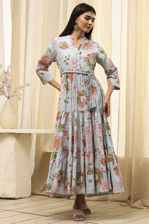 Earthy Blue Cotton Floral Tiered Dress image number 5