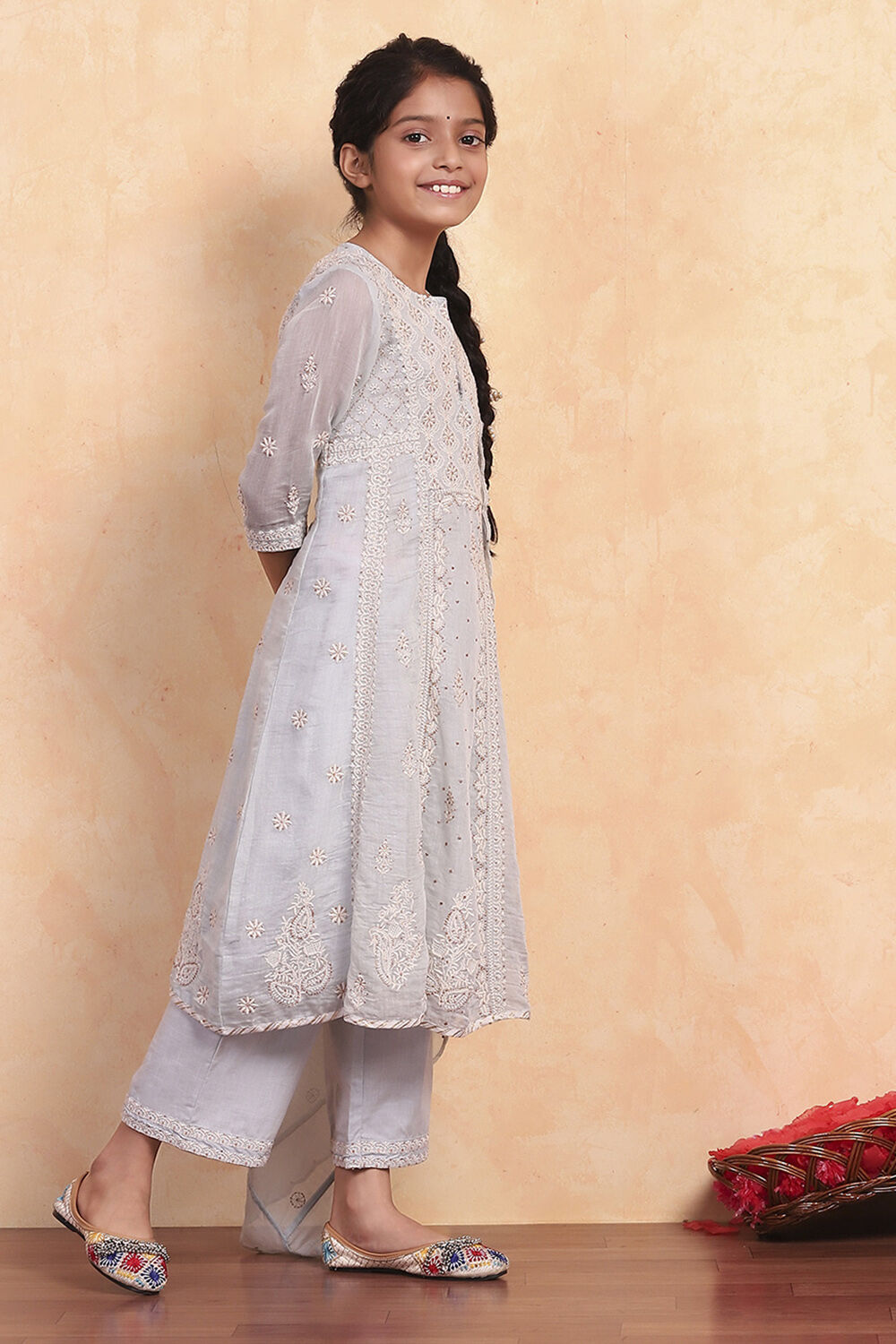 Powder Blue Silk Chanderi Flared Suit Set image number 5