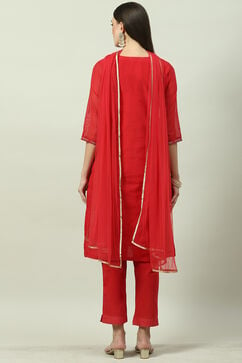 Red Art Silk Straight Kurta Slim Pant Suit Set image number 4