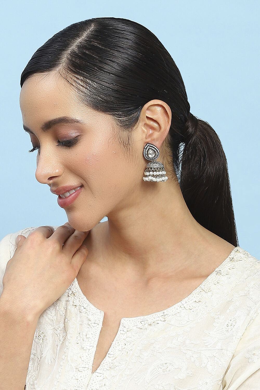 White Stone-Studded Oxidised Jhumkas image number 3