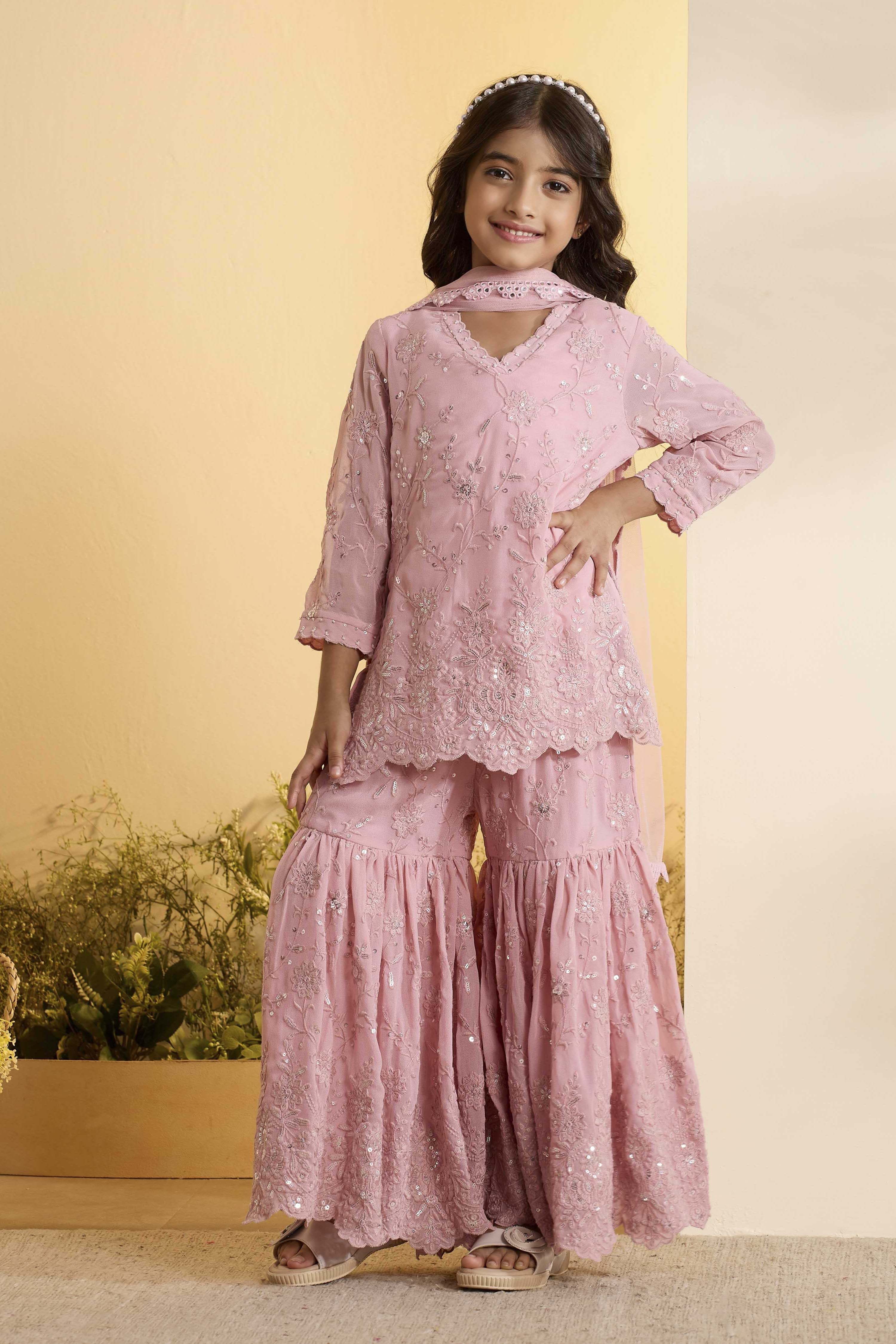 Pink Embroidered Straight Sharara Kurta Set image number 6