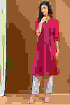 Pink Cotton Solid Pleated A-Line Kurta image number 0