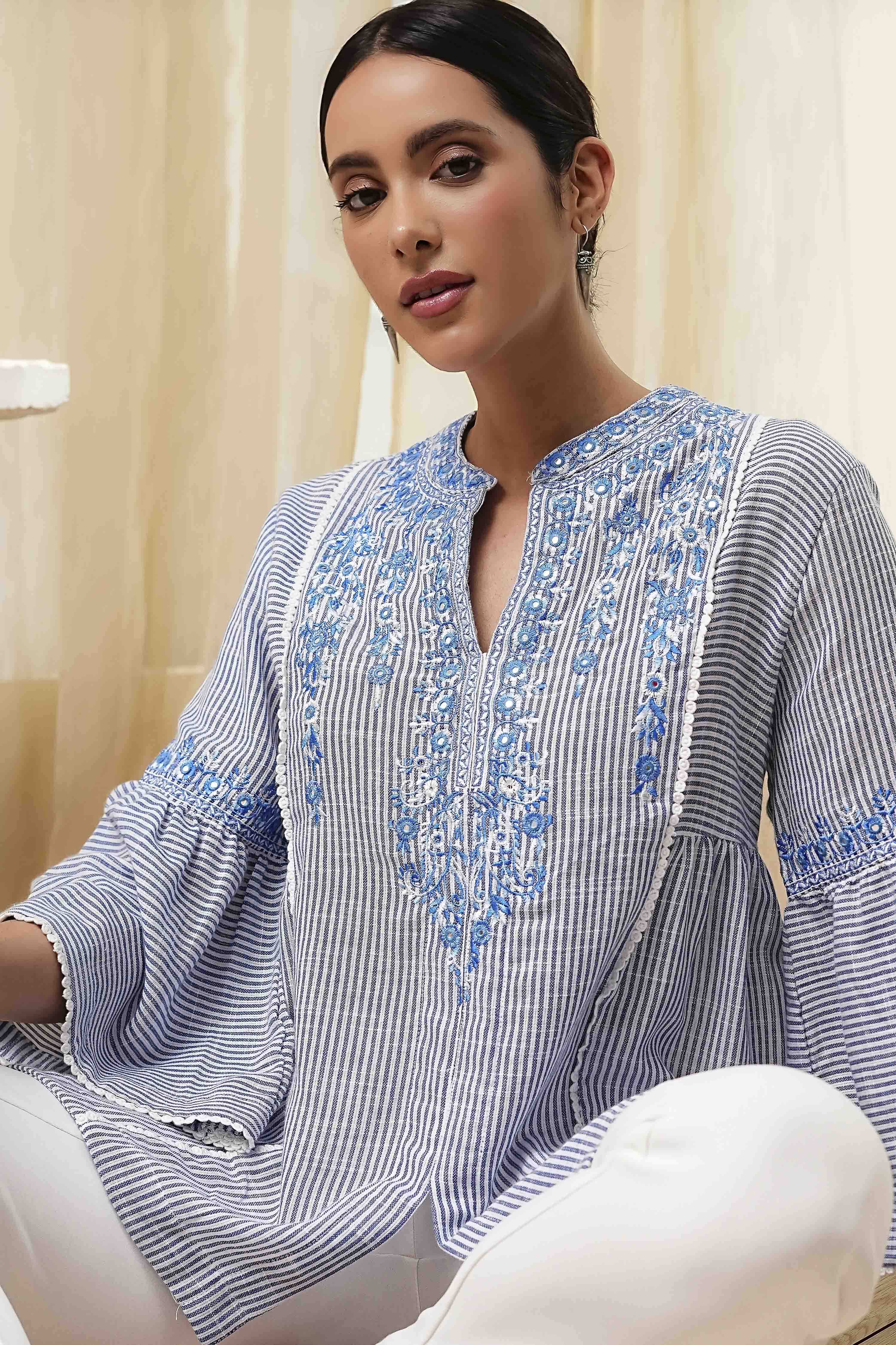 Blue Cotton Striped Straight Short Kurta image number 6