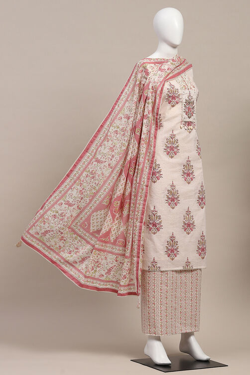 Yellow Cotton Hand Block Print Unstitched Suit Set image number 4
