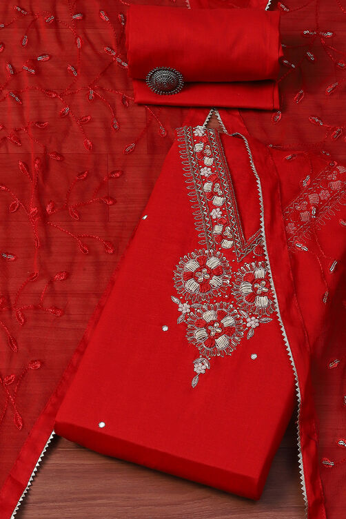 Red Cotton Unstitched Suit set image number 0