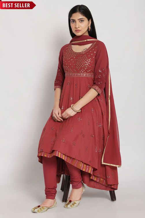 Plum Cotton Anarkali Kurta Churidar Suit Set image number 0