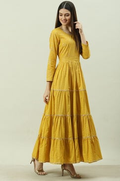 Mustard Cotton Flared Printed Dress image number 3