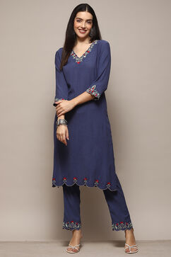 Blue Poly Viscose Straight Suit Set image number 0