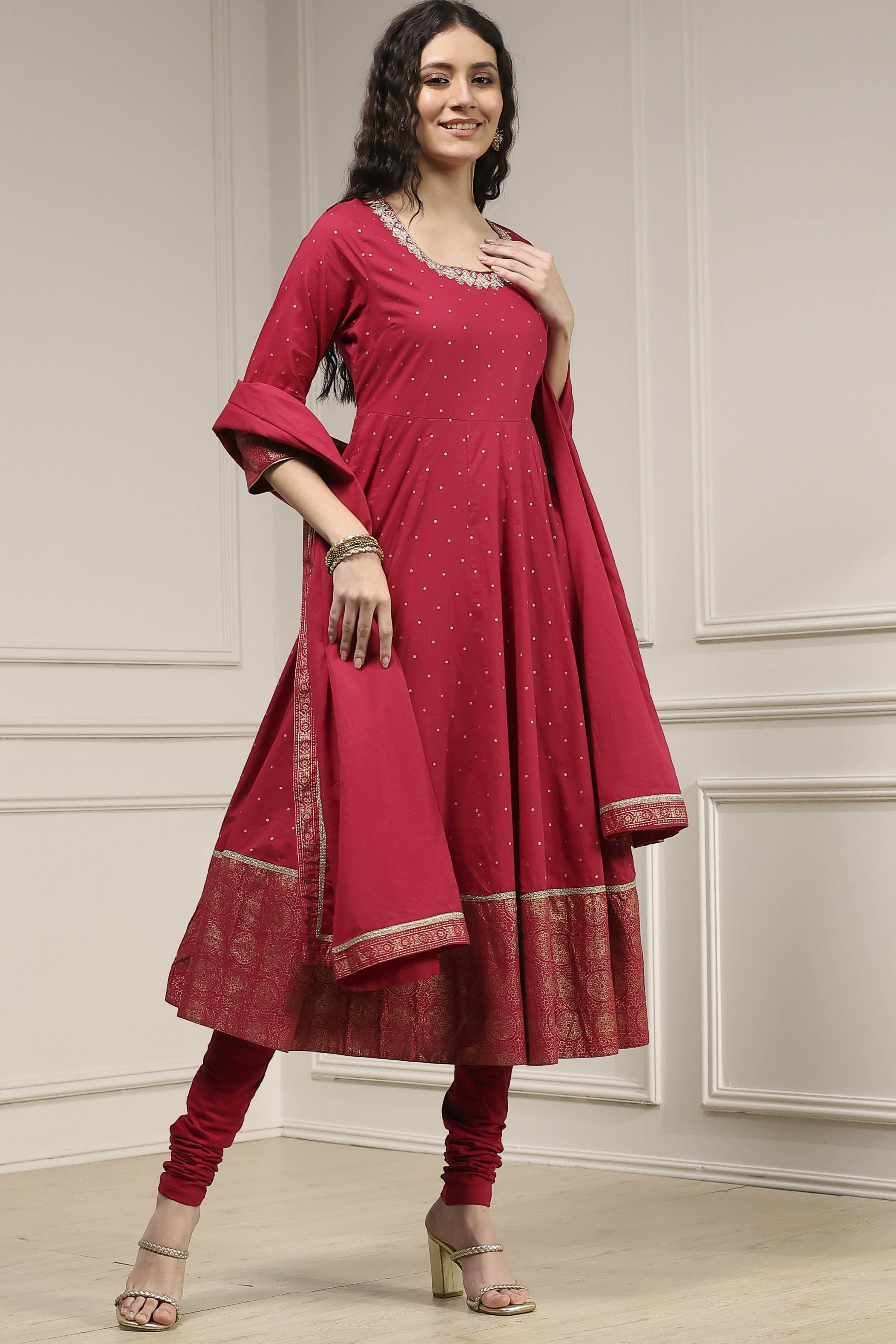 Cherry Red Cotton Printed Anarkali Suit Set image number 5