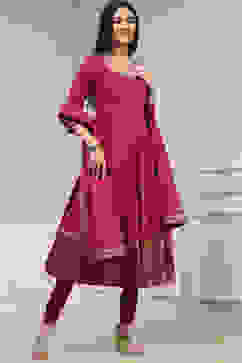 Cherry Red Cotton Printed Anarkali Suit Set image number 5