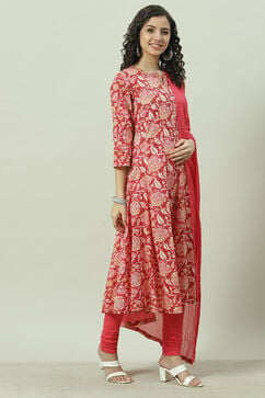 Red Cotton Kalidar Kurta Churidar Suit Set image number 6