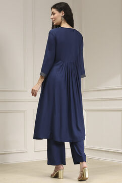 Blue Solid Gathered Suit Set image number 4
