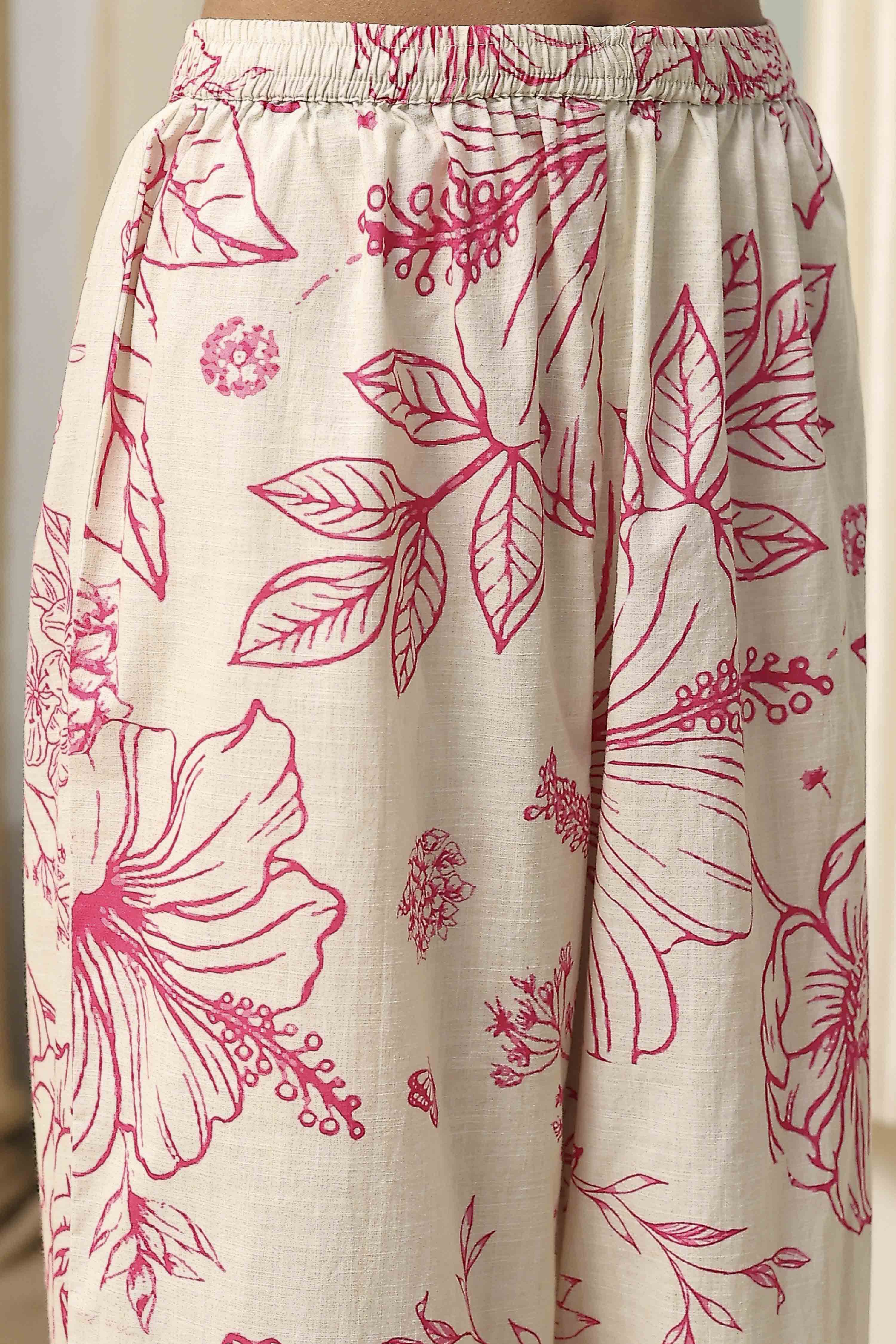 Off-White and Blue Cotton Straight Suit Set image number 2