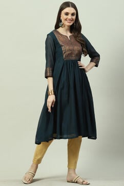 Teal Poly Mettalic A-Line Yarndyed Kurta image number 3