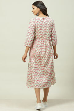 Cream Cotton Flared Printed Kurta Dress image number 4