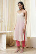 Ecru and Pink Printed Straight Kurta image number 5