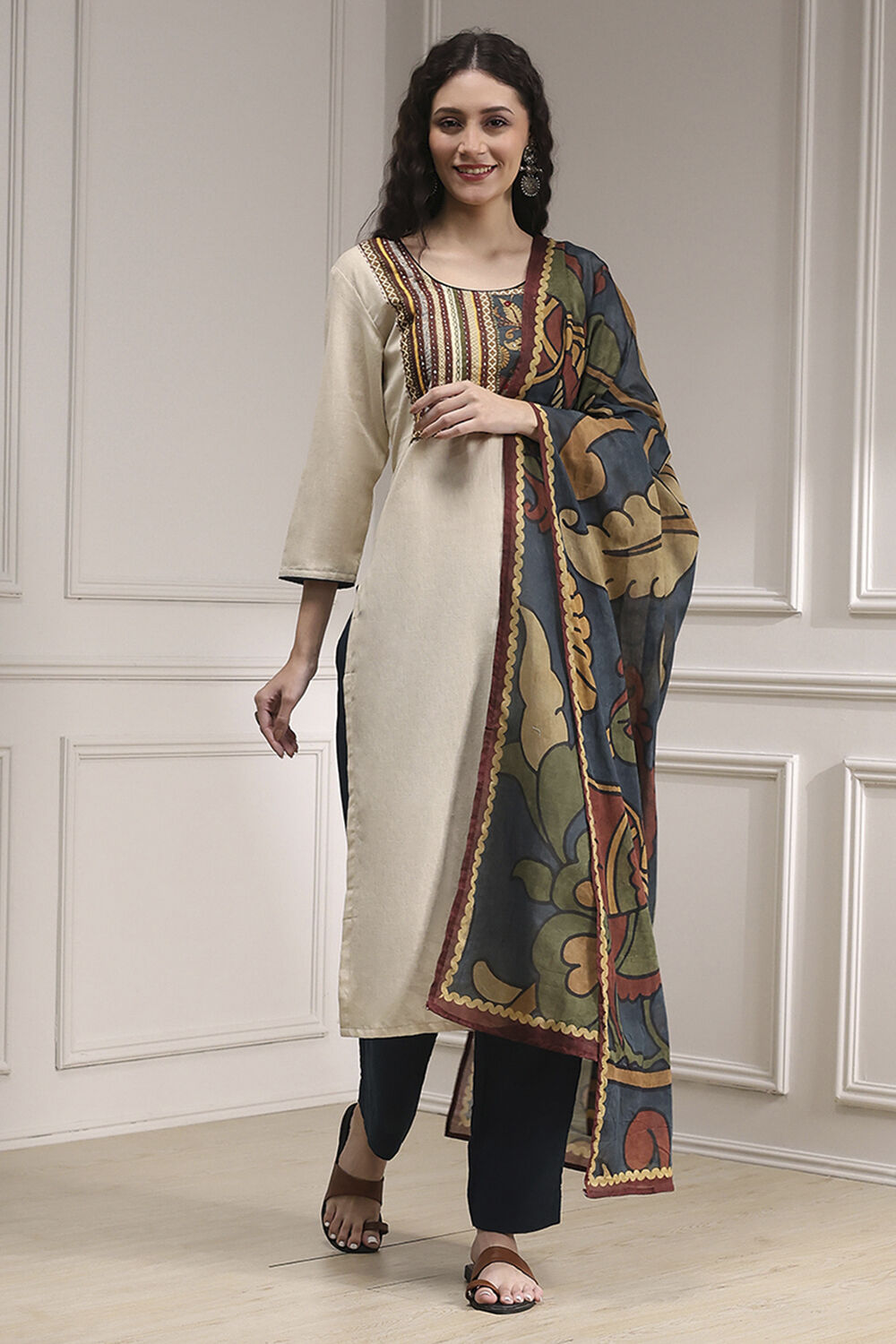 Yellow Cotton Hand Block Print Unstitched Suit Set image number 1