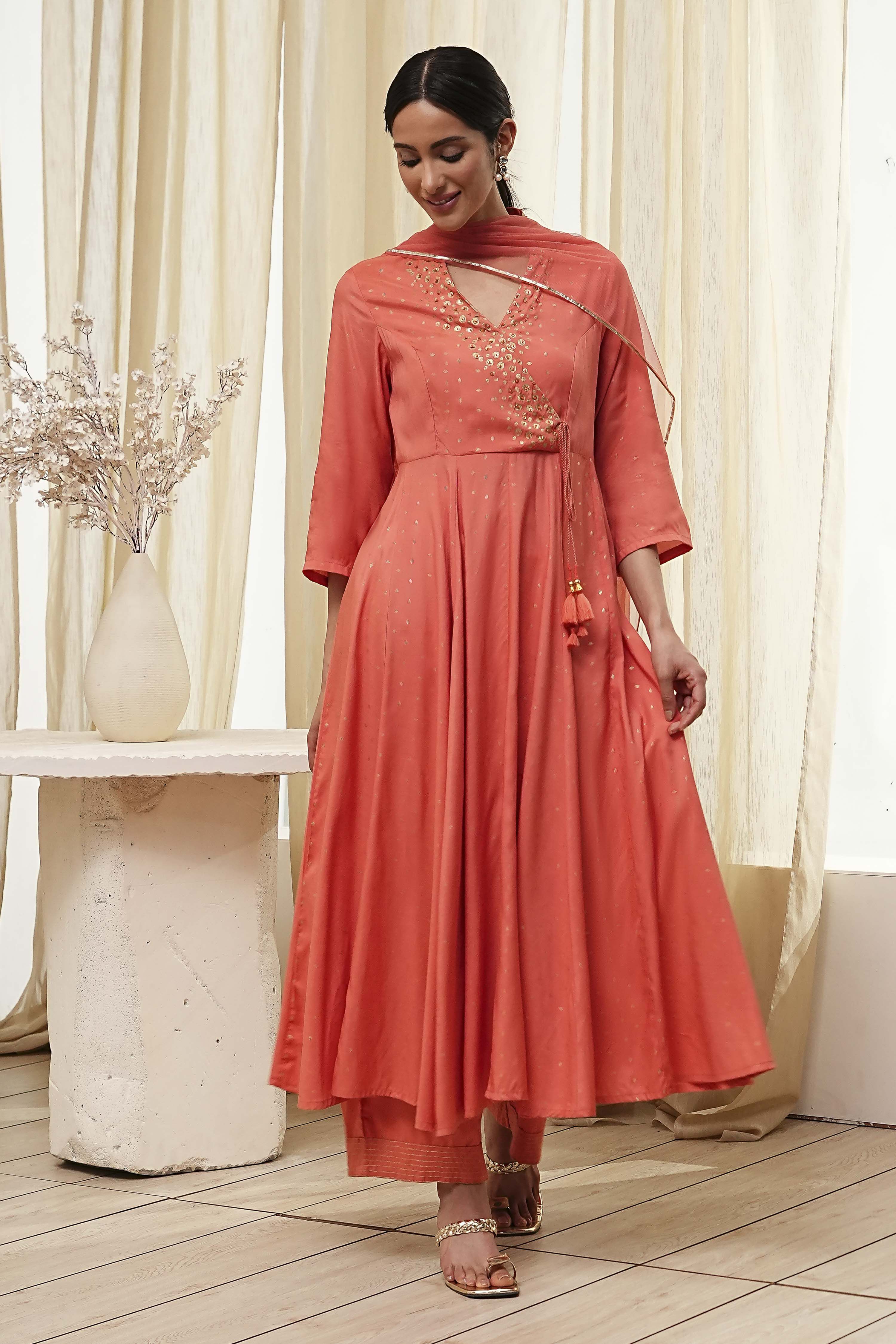 Peach Modal Printed Angrakha Anarkali Suit Set image number 0