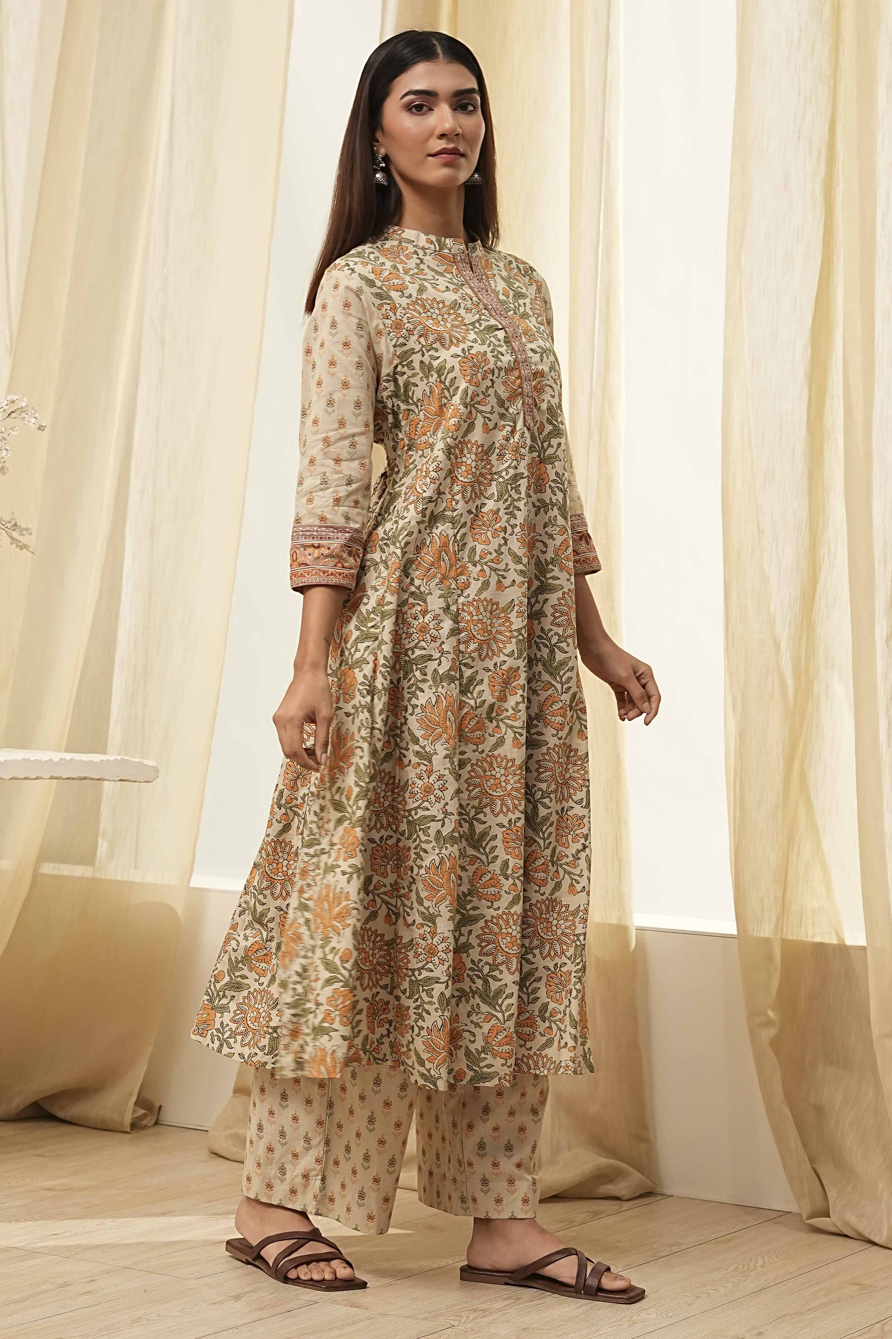 Beige Pure Cotton Floral Kalidar Kurta Set image number 5