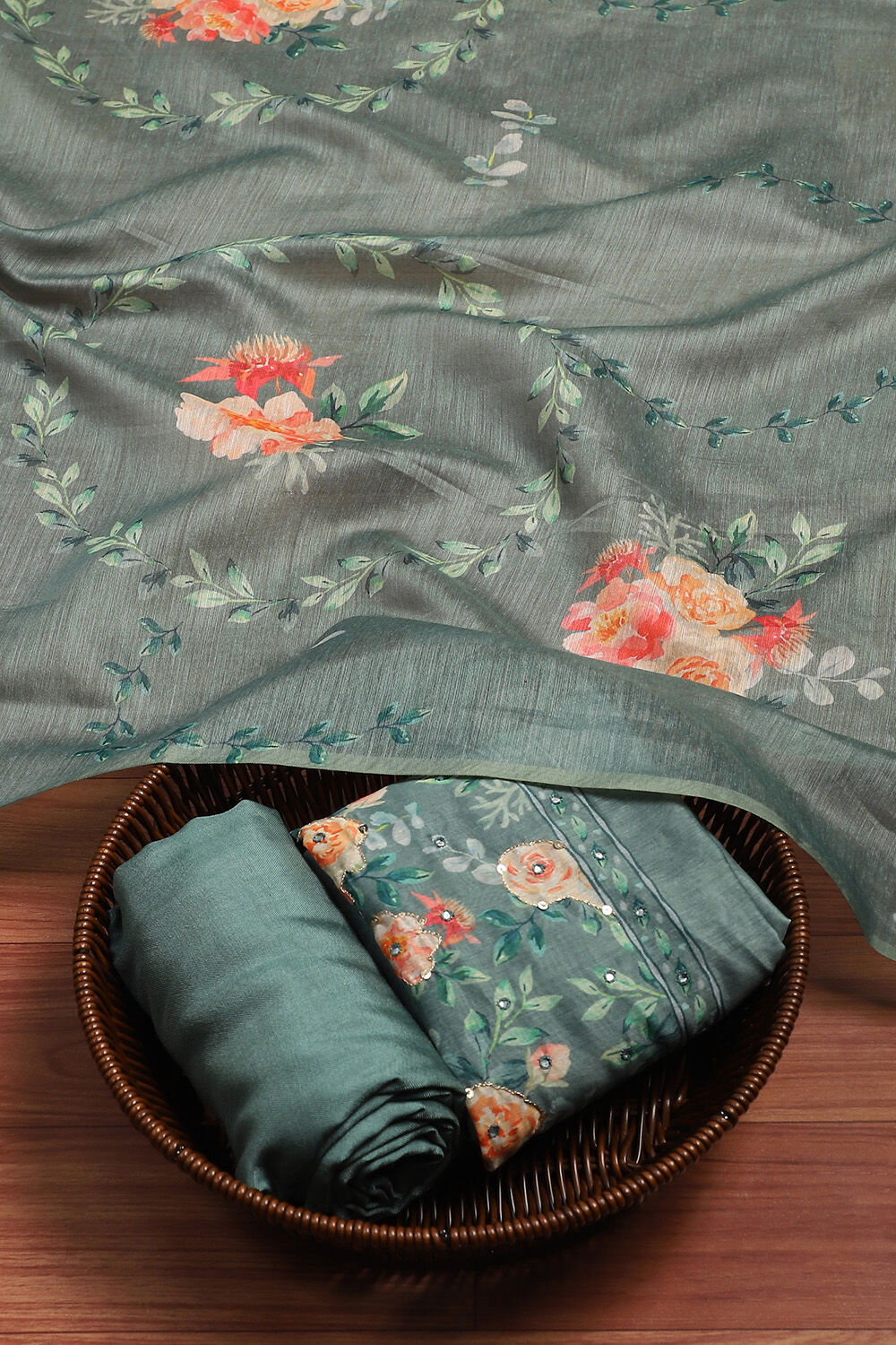 Green Chanderi Hand Embroidered Unstitched Suit Set image number 0