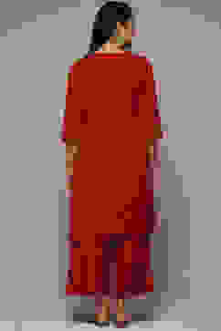 Red Cotton Blend Straight Kurta Palazzo Suit Set image number 4