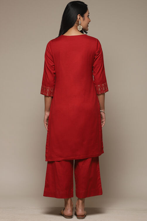Red Cotton Blend Straight Kurta Palazzo Suit Set image number 4