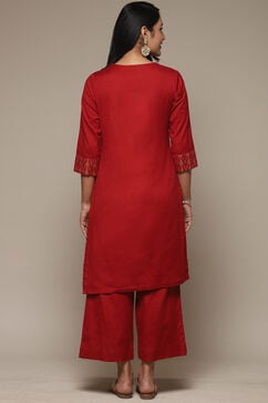 Red Cotton Blend Straight Kurta Palazzo Suit Set image number 4