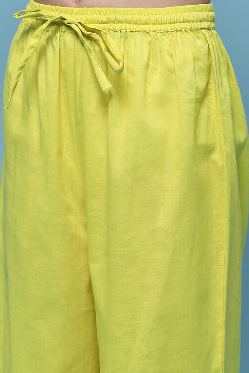Yellow Gathered Cotton Kurta With Palazzo & Net Dupatta image number 2