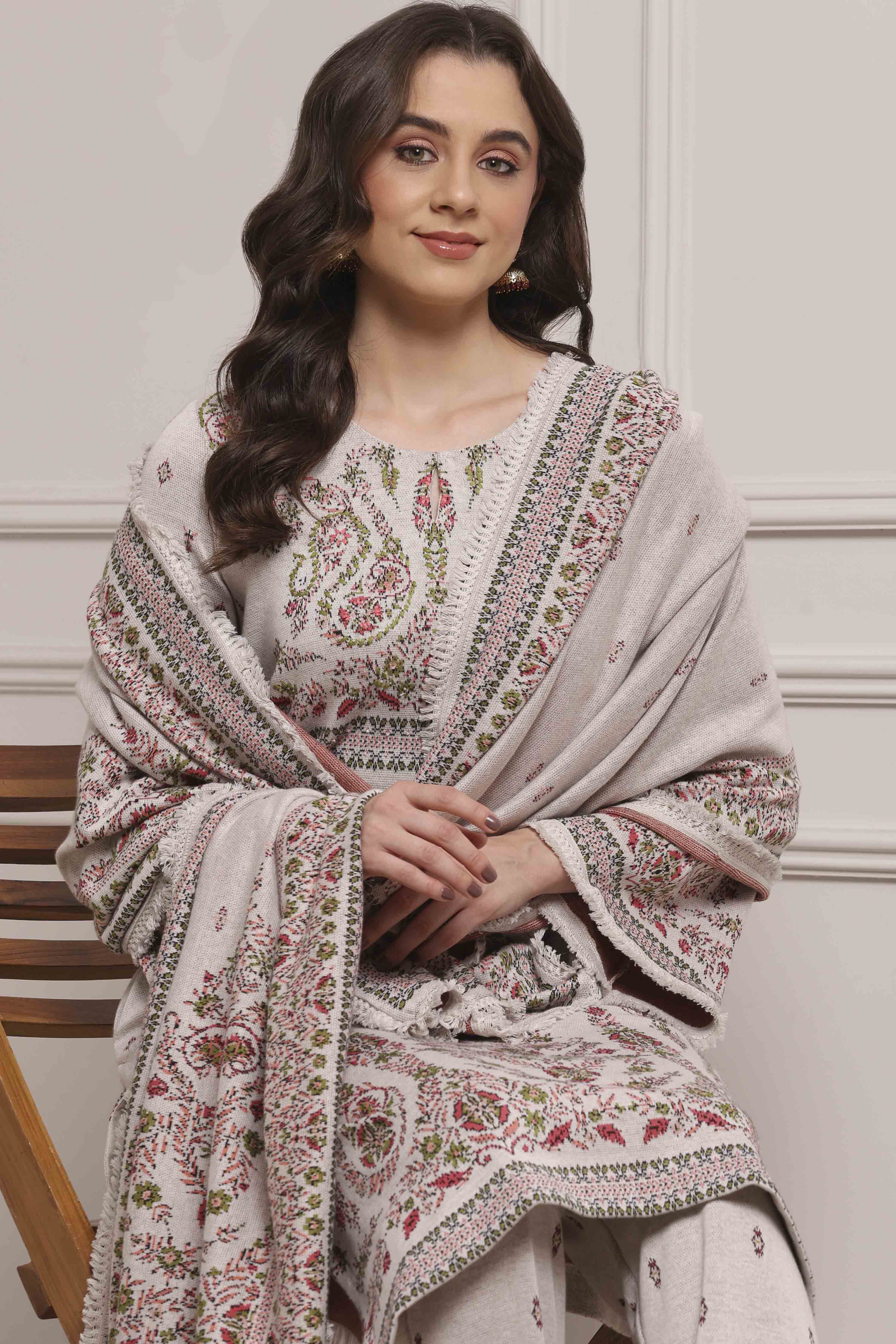 Ivory Printed Straight Winter Suit Set image number 7