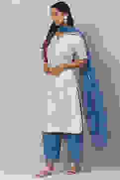 White Cotton Art Silk Straight Kurta Palazzo Suit Set image number 5