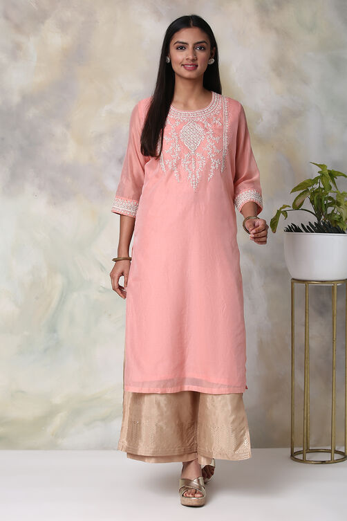 Light Pink Poly Cotton Straight Embroidered Kurta image number 0