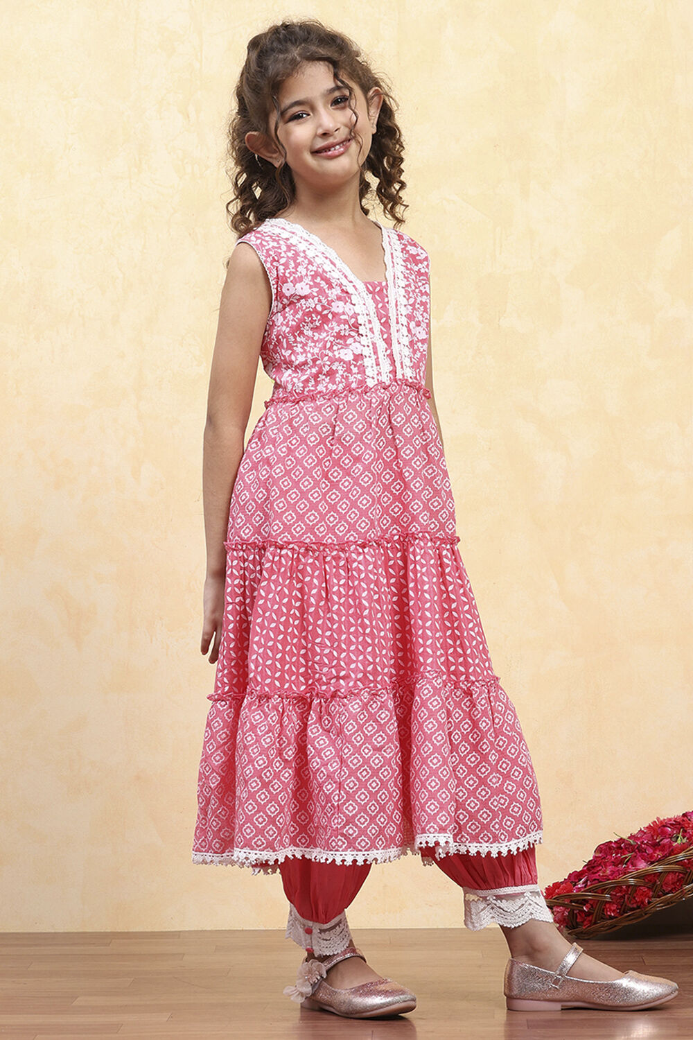 Dark Blue Cotton Tiered Printed Kurta Salwar Set image number 5