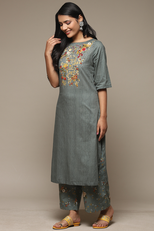 Yellow Cotton Straight Kurta Palazzo Suit Set image number 3