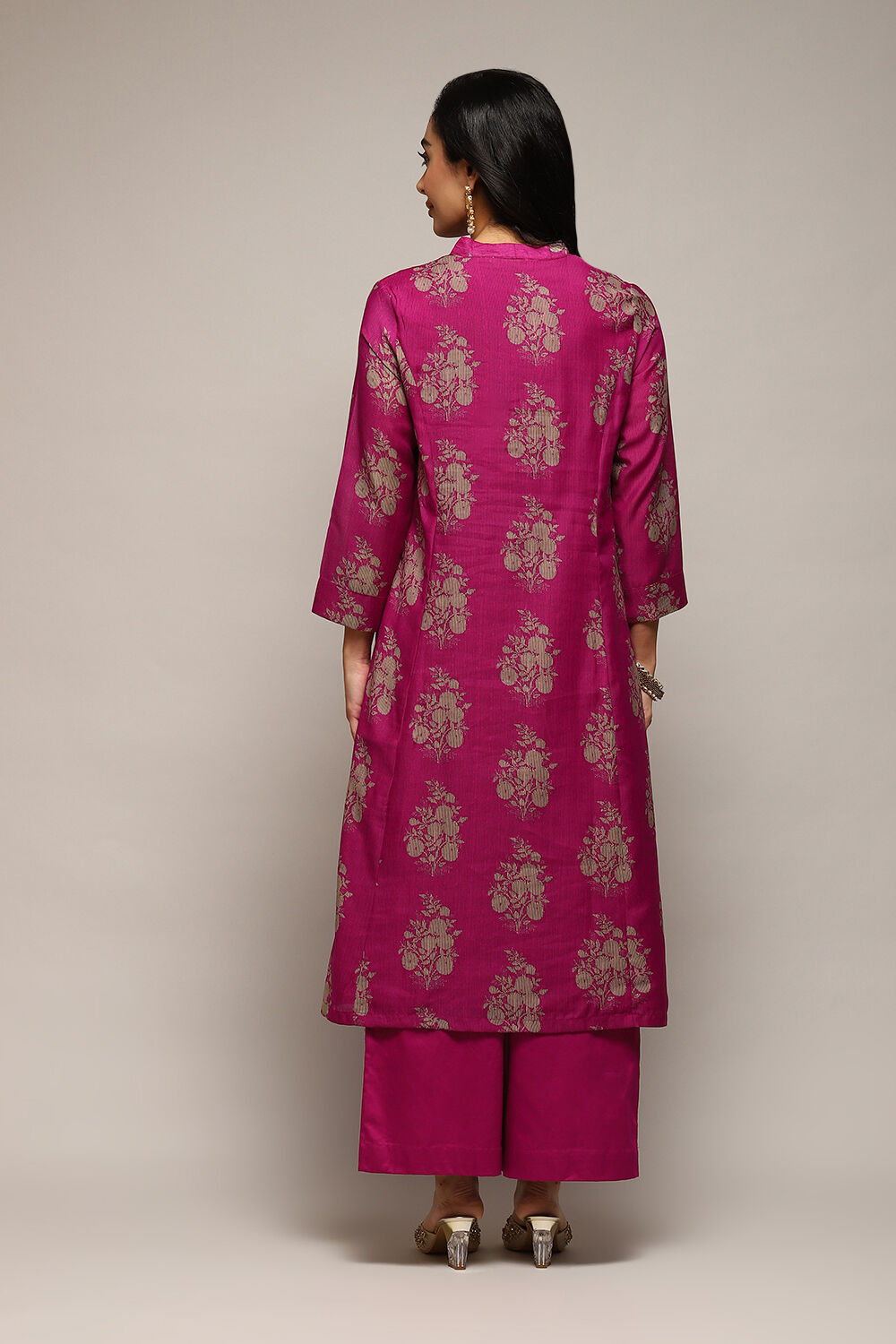 Pink Poly Chanderi A-Line Printed Kurta Palazzo Suit Set image number 4
