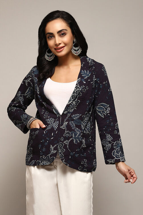 Navy Rayon Straight Printed Jacket image number 5