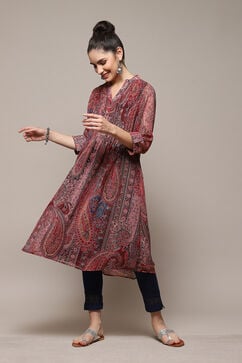Red & Blue Polyester Straight Printed Kurta image number 0