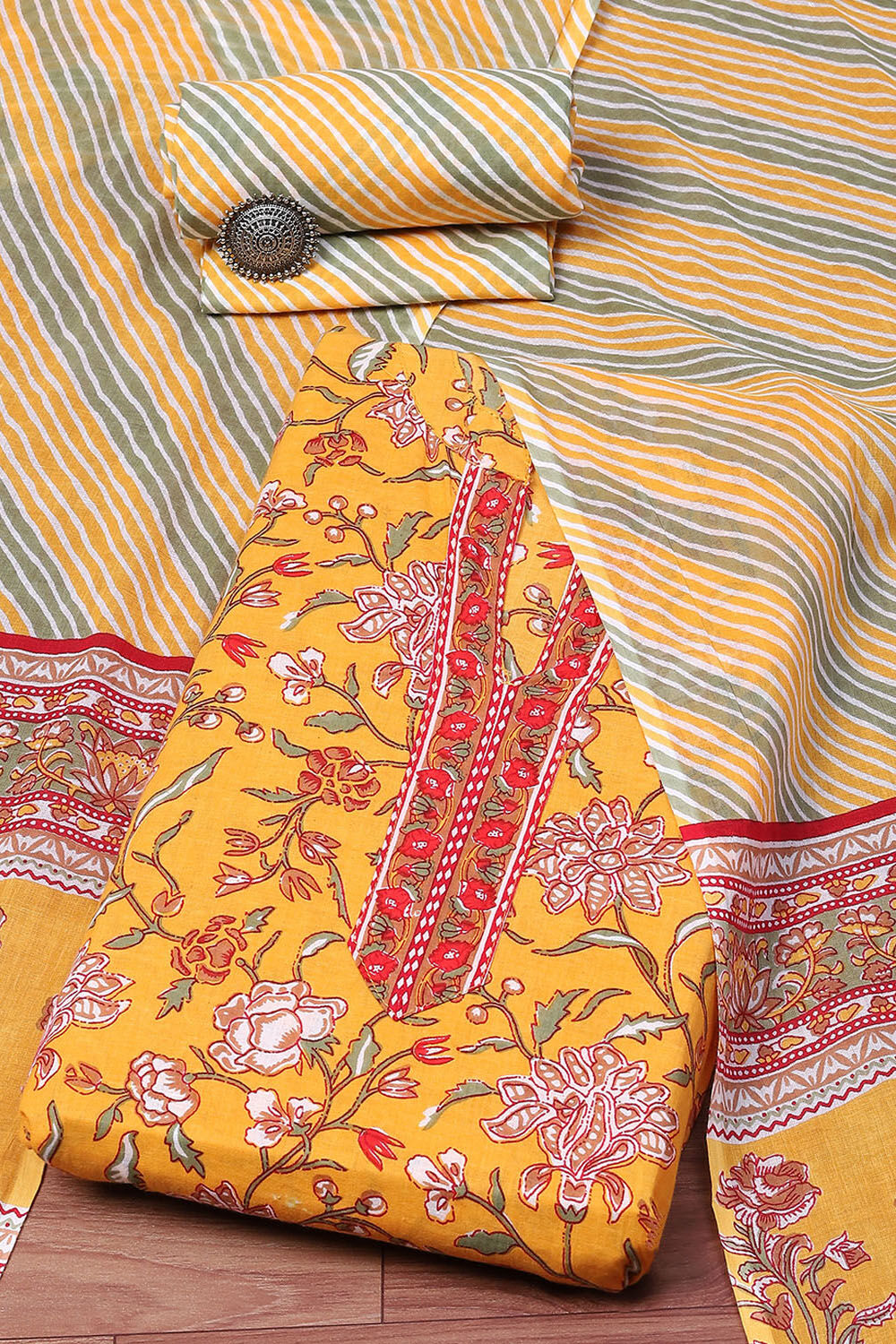 Mustard Yellow Cotton Screen Printed Unstitched Suit Set image number 0