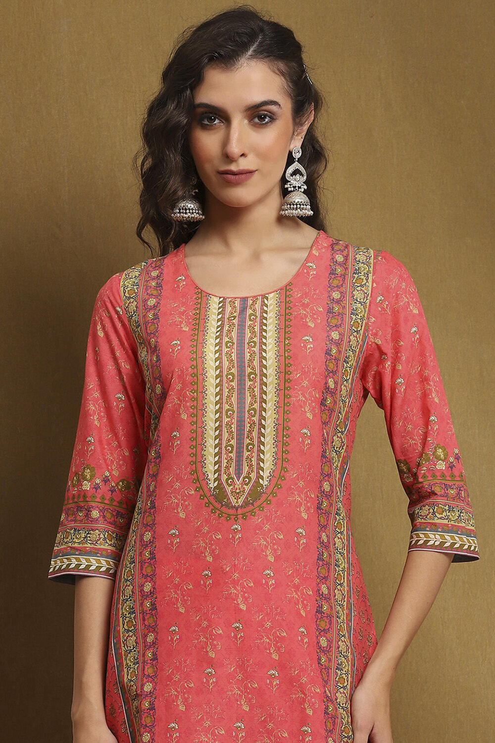 Moss Green Cotton Floral Printed Straight Suit Set image number 1