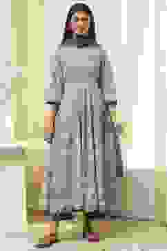 Dull Blue Cotton Floral Anarkali Suit Set image number 6