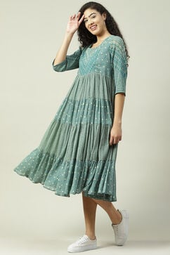 Teal Cotton Flared Fusion Printed Dress image number 2