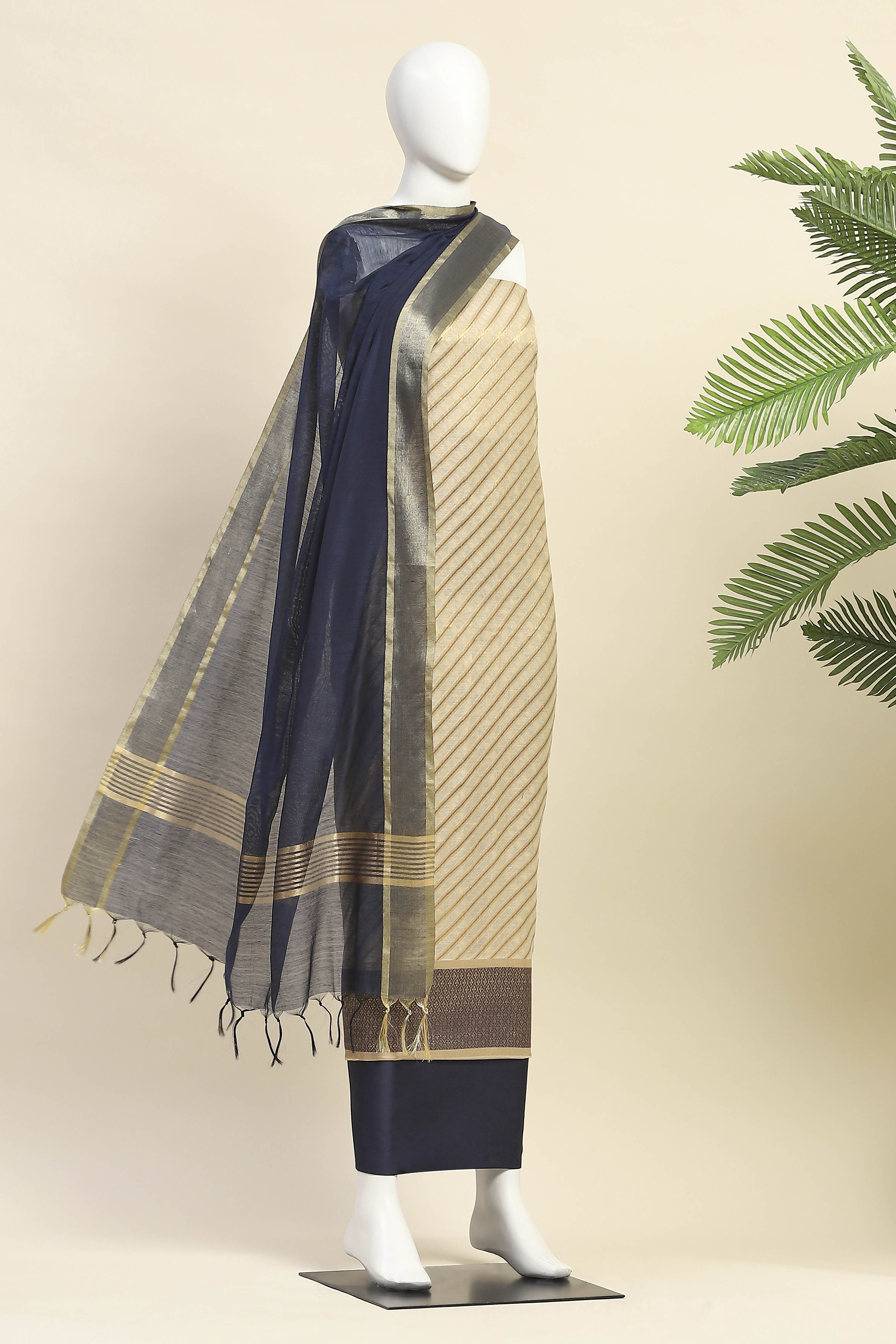 Blue Cotton Printed Embroidered Unstitched Suit Set image number 4