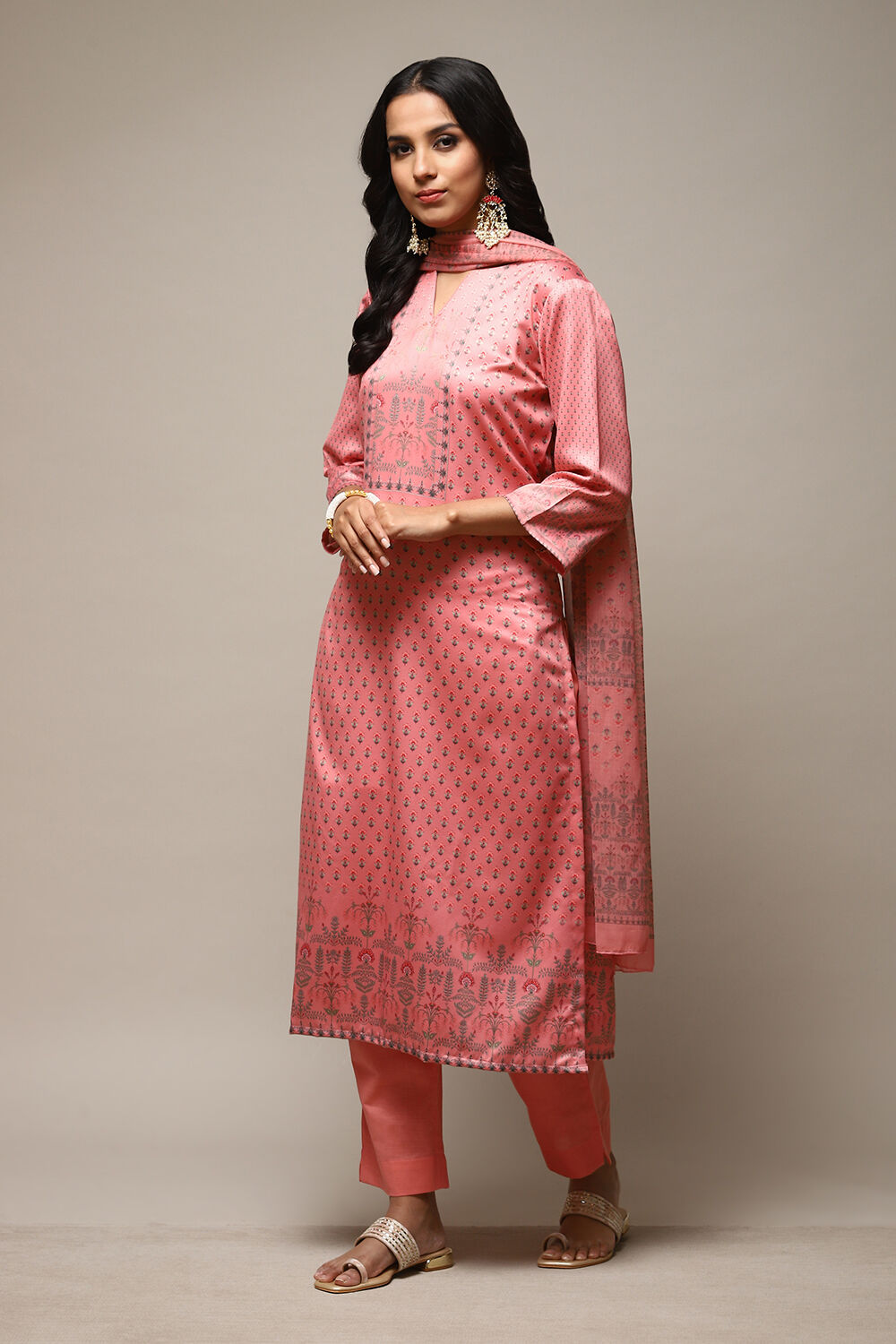 Peach Cotton Screen Print Unstitched Suit Set image number 11