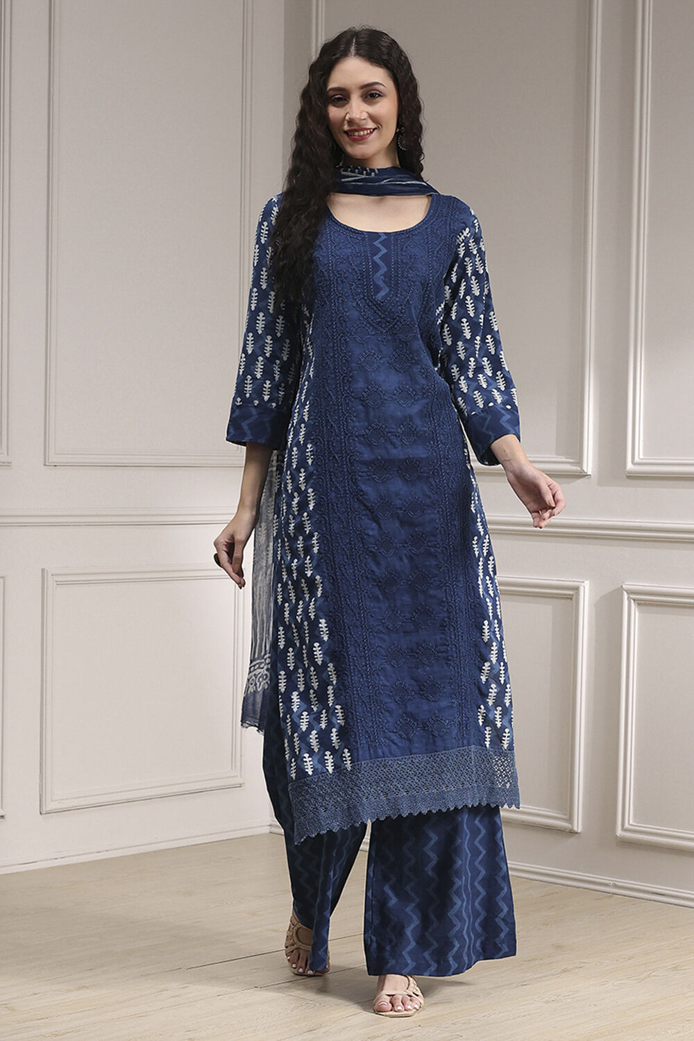 Blue Cotton Hand Embroidered Unstitched Suit Set image number 1