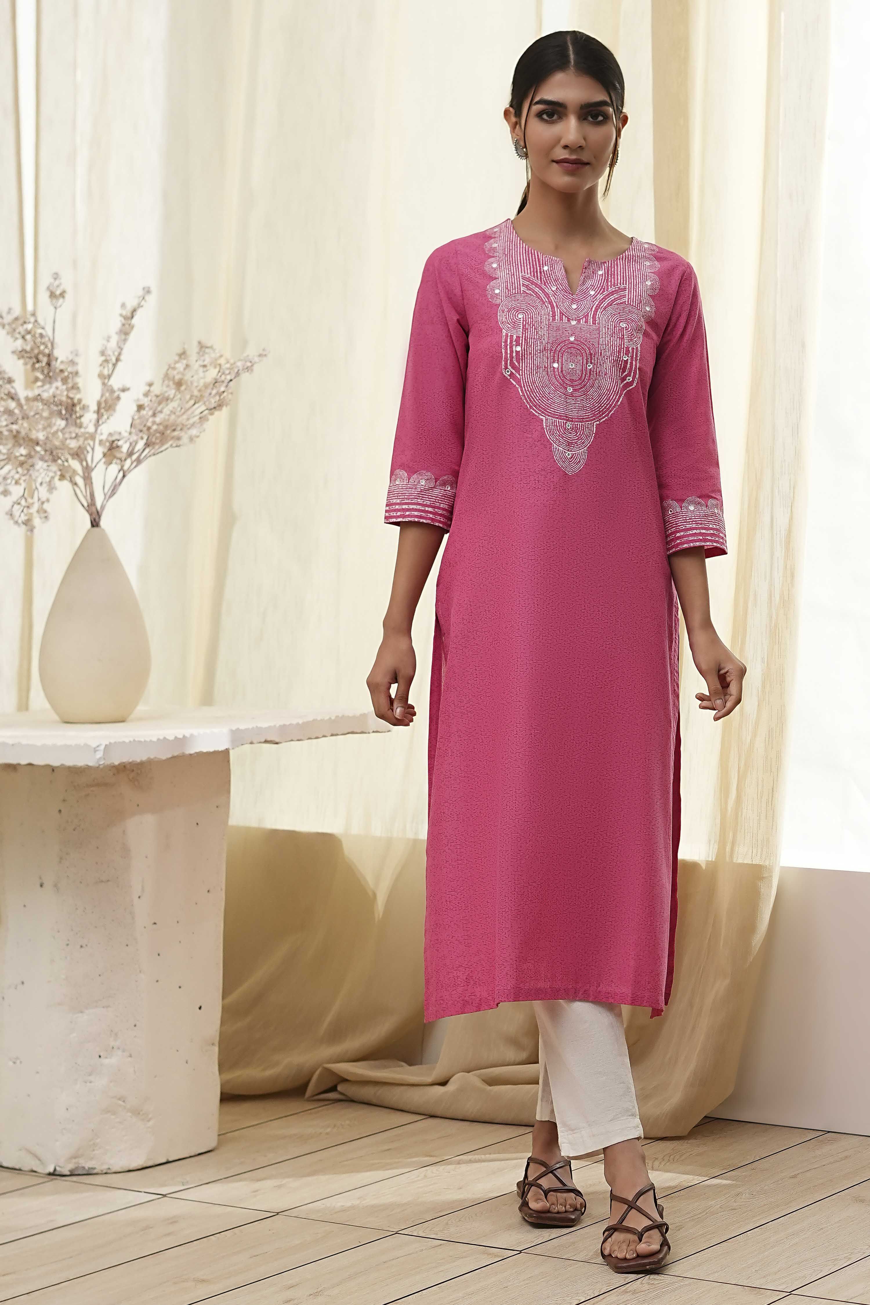 Pink Pure Cotton Printed Straight Kurta image number 5