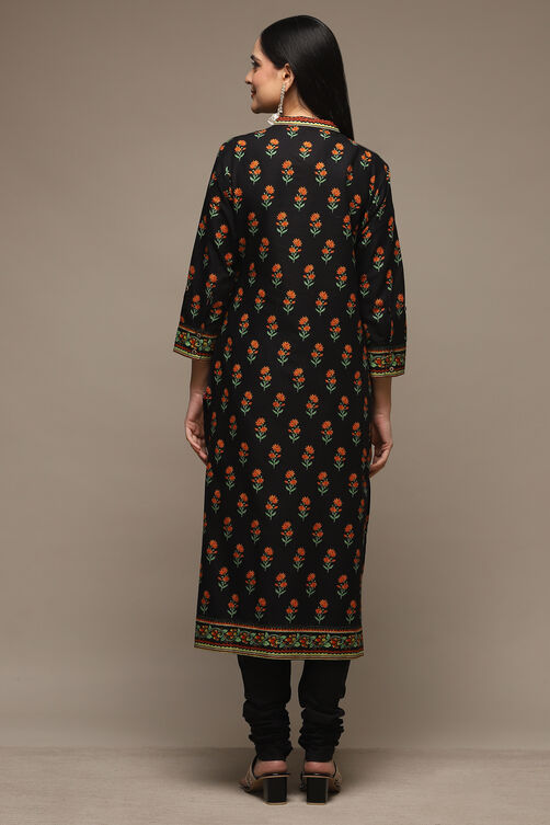 Black Cotton Straight Kurta Churidar Suit Set image number 4