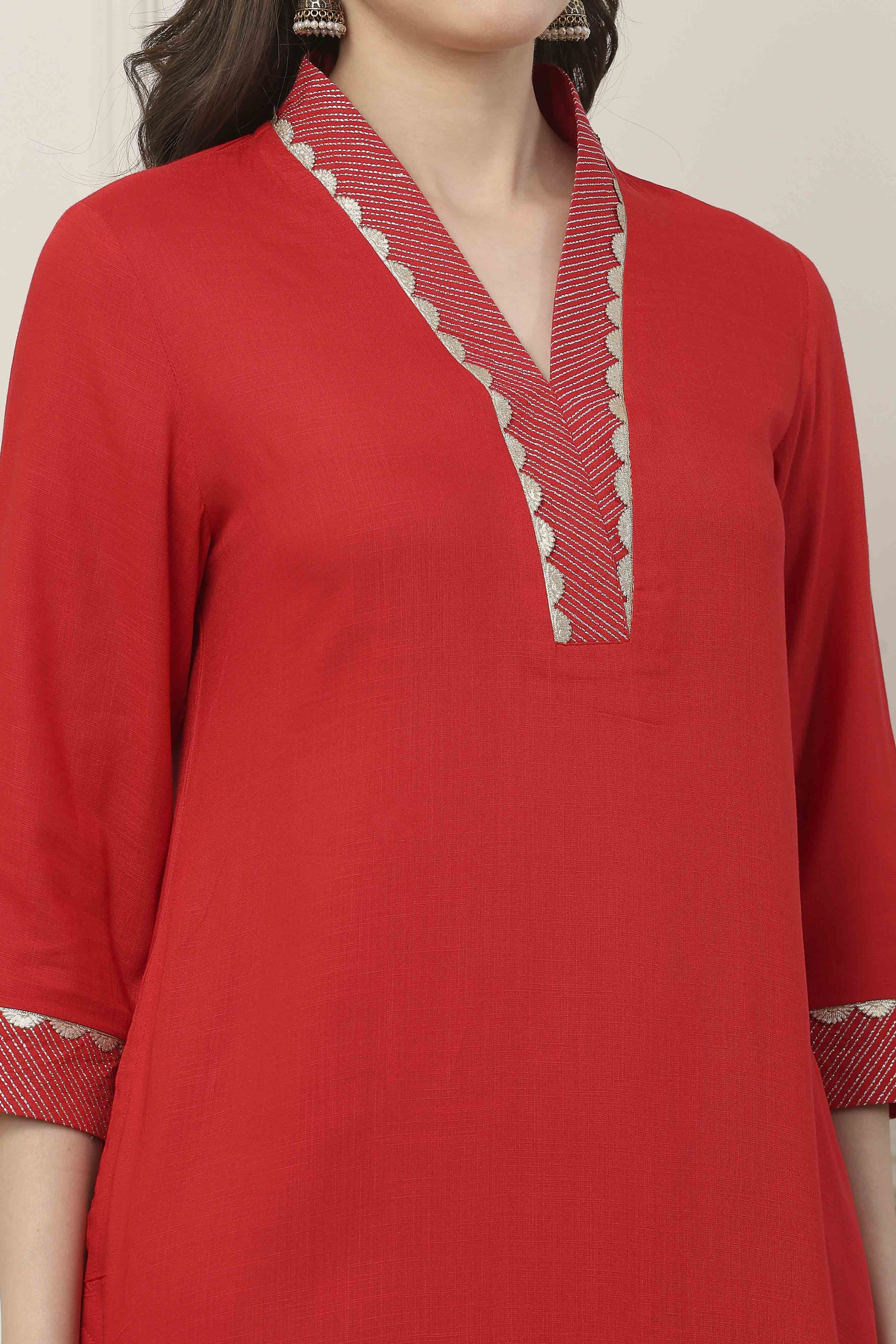 Red Viscose Rayon Straight Kurta image number 1