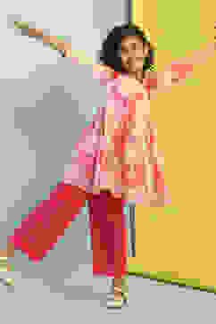 Cream-Colored and Pink Cotton Gathered Kurta Set image number 0