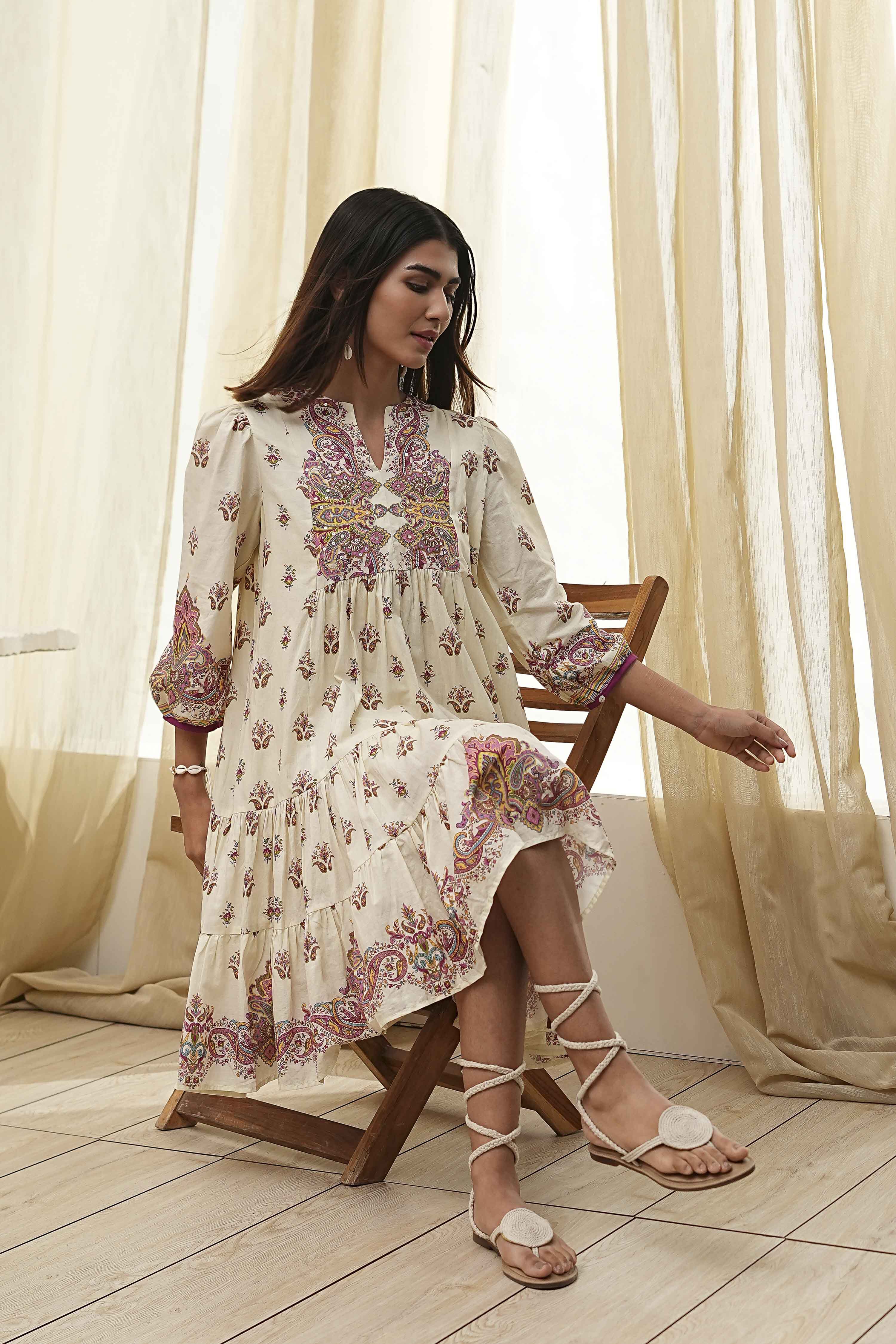 Beige Cotton Printed Tiered Dress image number 0